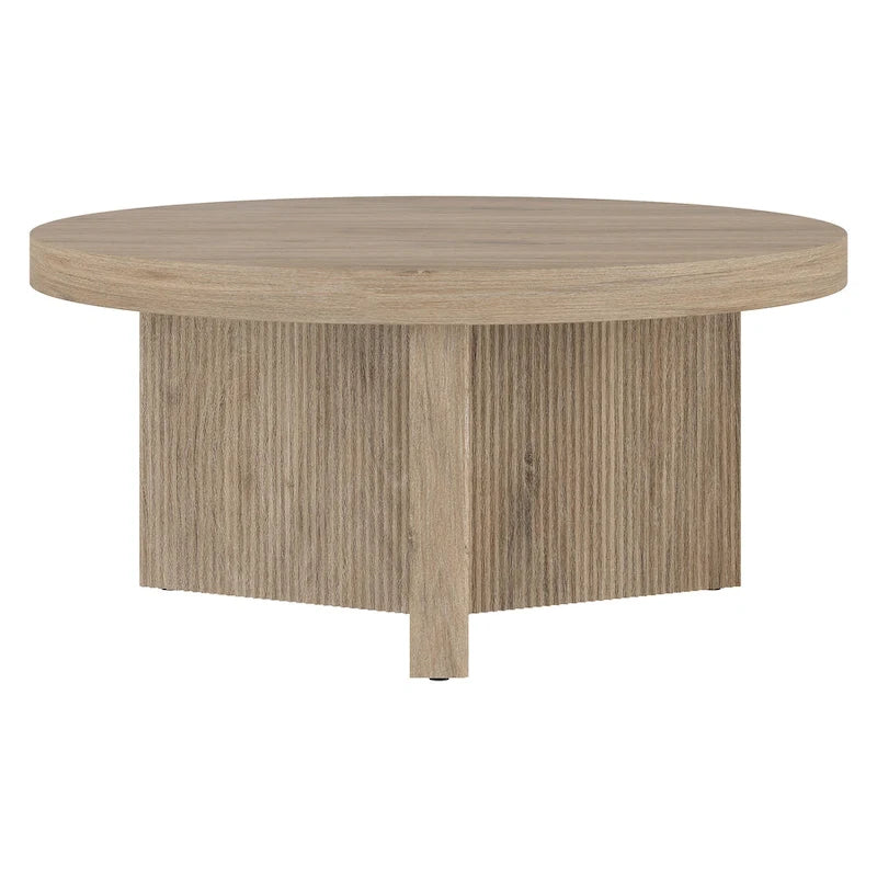 32" Round Coffee Table, Fluted Base, Black Grain / Antiqued Gray Oak / Alder White