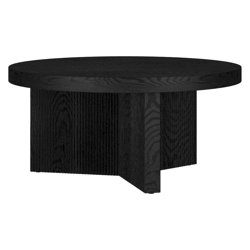 32" Round Coffee Table, Fluted Base, Black Grain / Antiqued Gray Oak / Alder White