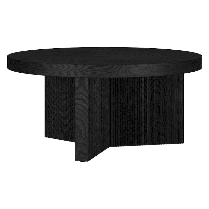 32" Round Coffee Table, Fluted Base, Black Grain / Antiqued Gray Oak / Alder White