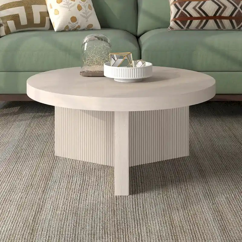 32" Round Coffee Table, Fluted Base, Black Grain / Antiqued Gray Oak / Alder White