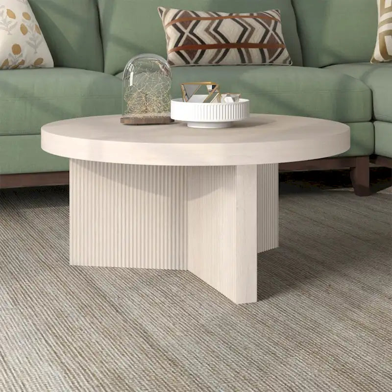 32" Round Coffee Table, Fluted Base, Black Grain / Antiqued Gray Oak / Alder White