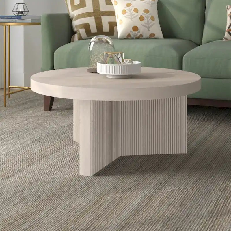 32" Round Coffee Table, Fluted Base, Black Grain / Antiqued Gray Oak / Alder White