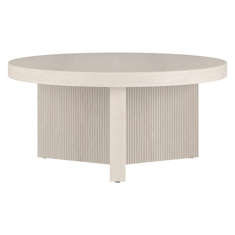 32" Round Coffee Table, Fluted Base, Black Grain / Antiqued Gray Oak / Alder White