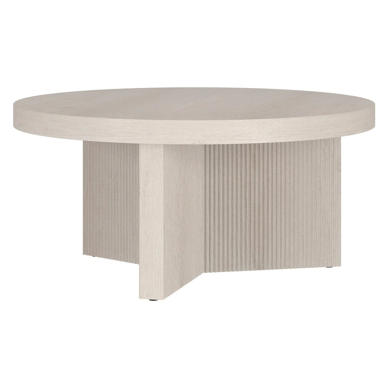 32" Round Coffee Table, Fluted Base, Black Grain / Antiqued Gray Oak / Alder White
