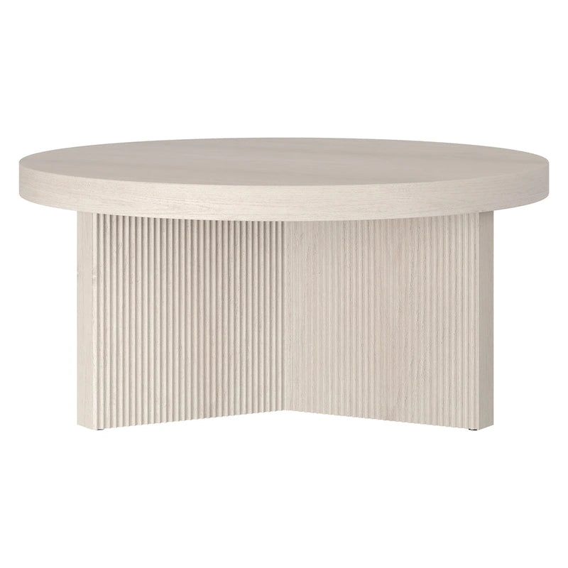 32" Round Coffee Table, Fluted Base, Black Grain / Antiqued Gray Oak / Alder White