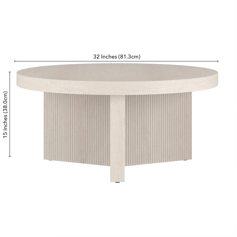32" Round Coffee Table, Fluted Base, Black Grain / Antiqued Gray Oak / Alder White