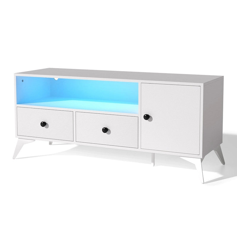White TV Stand with RGB LED Light, Open Storage & Drawers, Fits 32–60 in TVs, 1-Person Setup