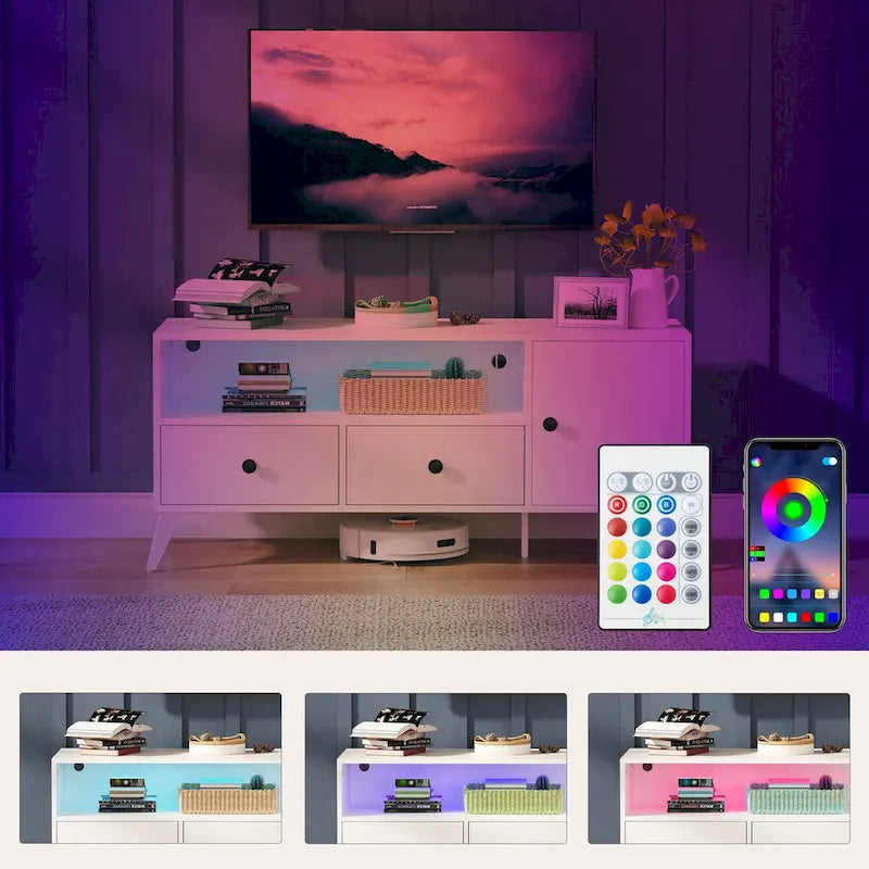 White TV Stand with RGB LED Light, Open Storage & Drawers, Fits 32–60 in TVs, 1-Person Setup