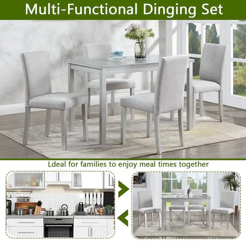 Gray / Black / White 5-Piece Rectangular Dining Table Set for 4