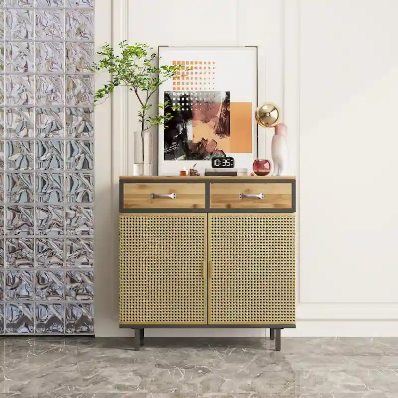 Gold / Dark Grey Bamboo & Iron Sideboard with 2 Drawers and Cabinet