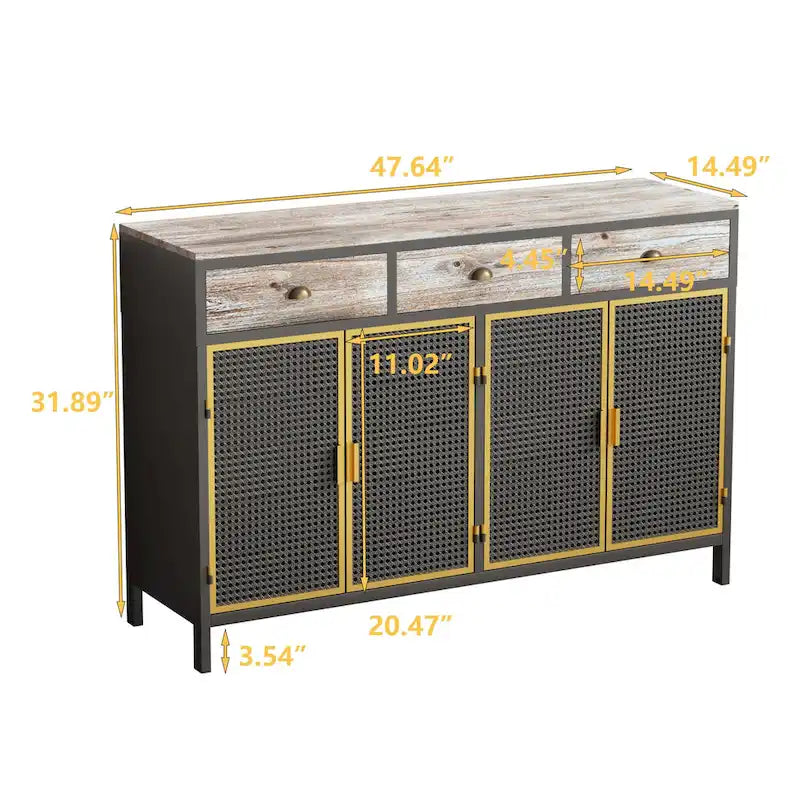 Gold / Dark Grey Bamboo & Iron Sideboard with 2 Drawers and Cabinet