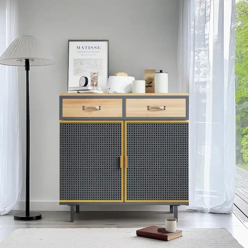 Gold / Dark Grey Bamboo & Iron Sideboard with 2 Drawers and Cabinet