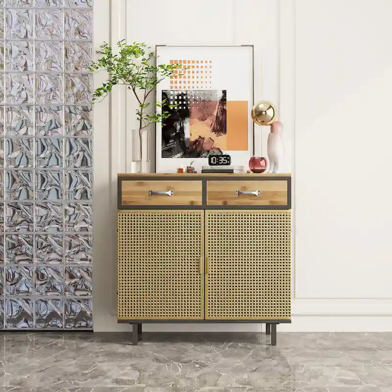 Gold / Dark Grey Bamboo & Iron Sideboard with 2 Drawers and Cabinet
