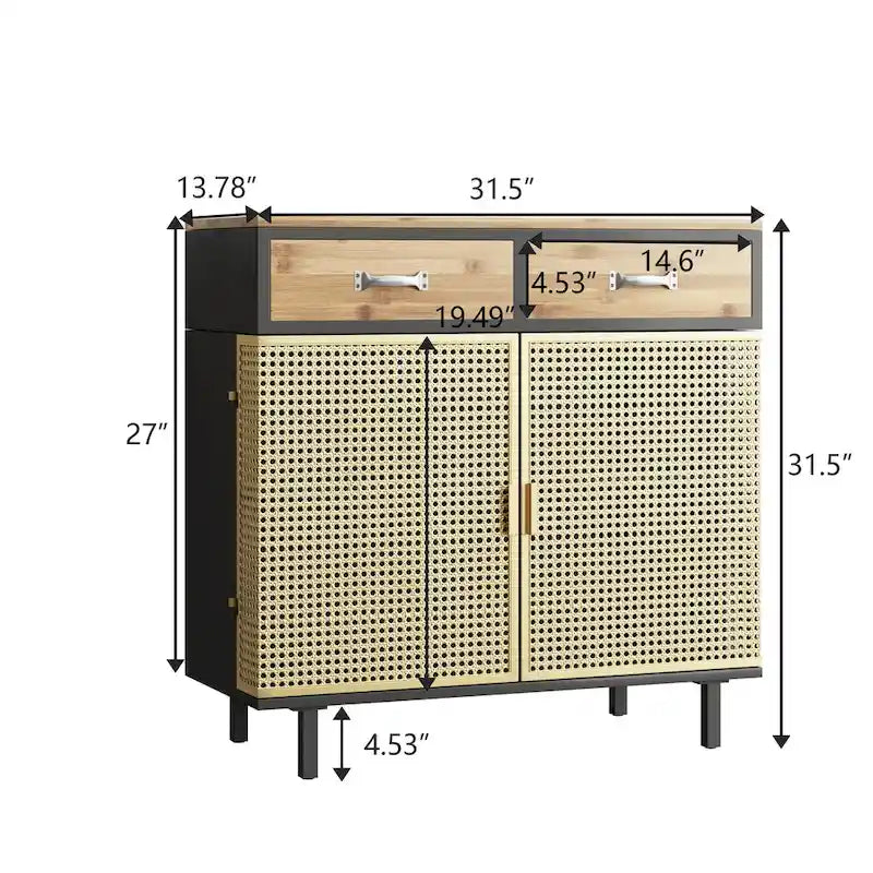 Gold / Dark Grey Bamboo & Iron Sideboard with 2 Drawers and Cabinet