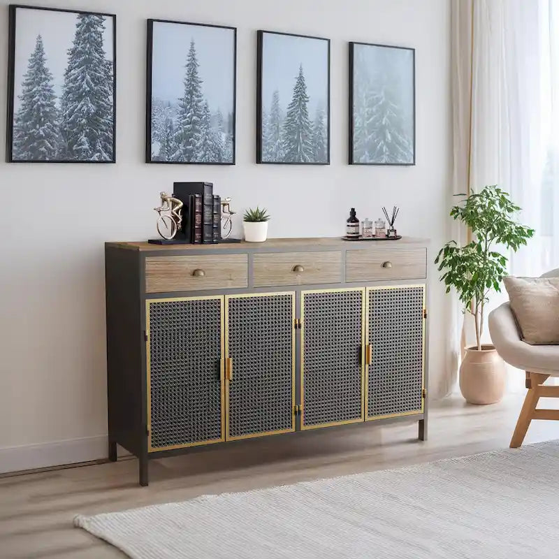 Gold / Dark Grey Bamboo & Iron Sideboard with 2 Drawers and Cabinet