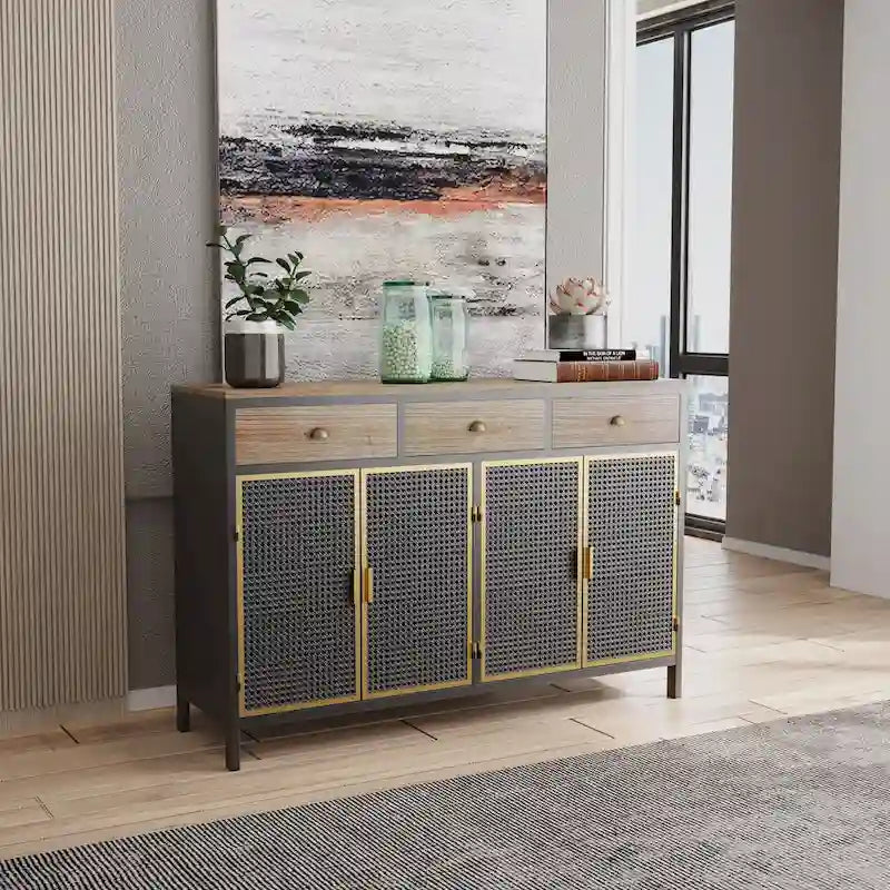 Gold / Dark Grey Bamboo & Iron Sideboard with 2 Drawers and Cabinet