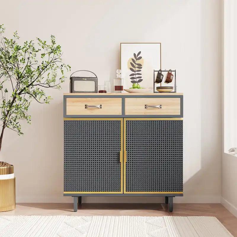 Gold / Dark Grey Bamboo & Iron Sideboard with 2 Drawers and Cabinet