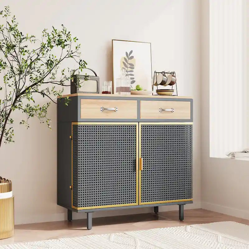 Gold / Dark Grey Bamboo & Iron Sideboard with 2 Drawers and Cabinet