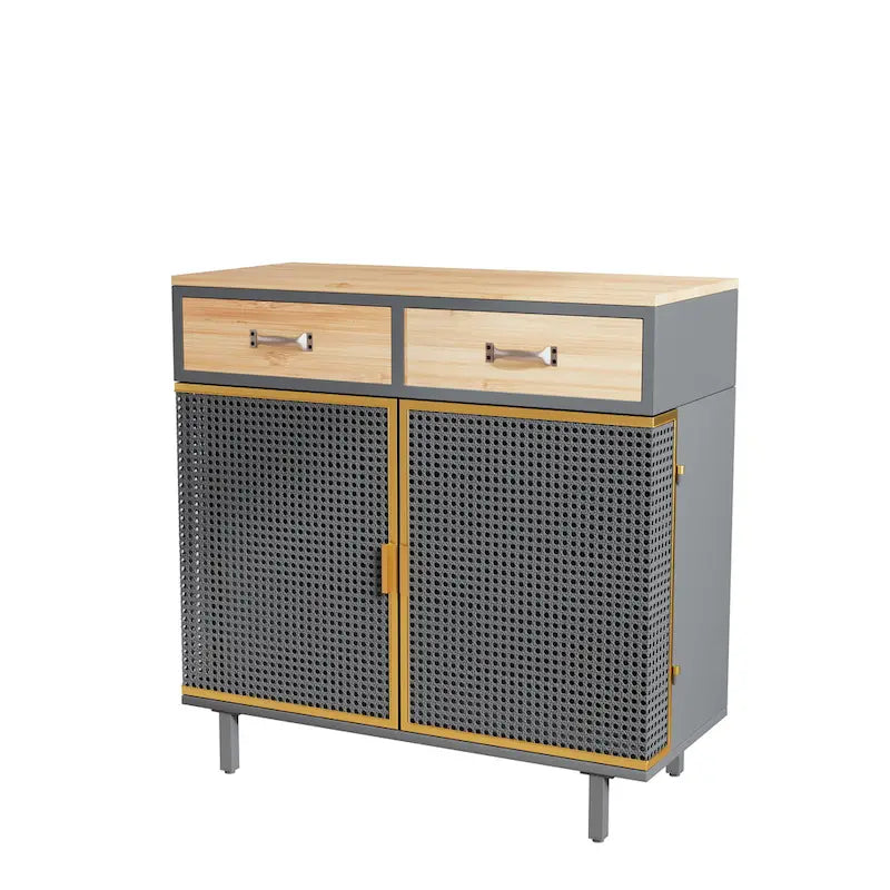 Gold / Dark Grey Bamboo & Iron Sideboard with 2 Drawers and Cabinet