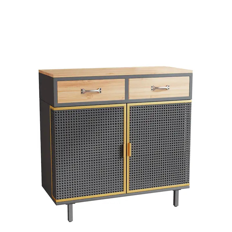 Gold / Dark Grey Bamboo & Iron Sideboard with 2 Drawers and Cabinet