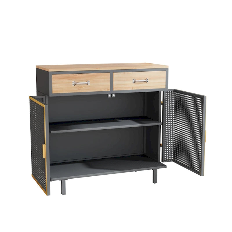 Gold / Dark Grey Bamboo & Iron Sideboard with 2 Drawers and Cabinet