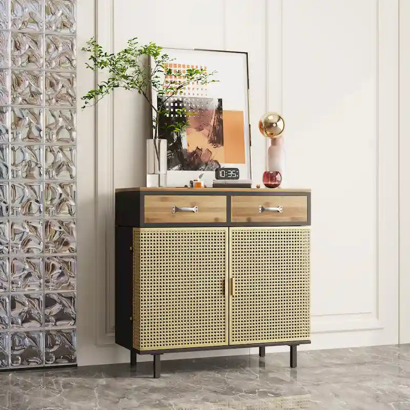 Gold / Dark Grey Bamboo & Iron Sideboard with 2 Drawers and Cabinet