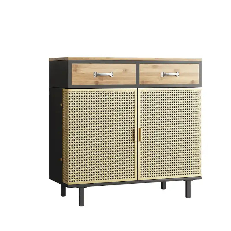 Gold / Dark Grey Bamboo & Iron Sideboard with 2 Drawers and Cabinet