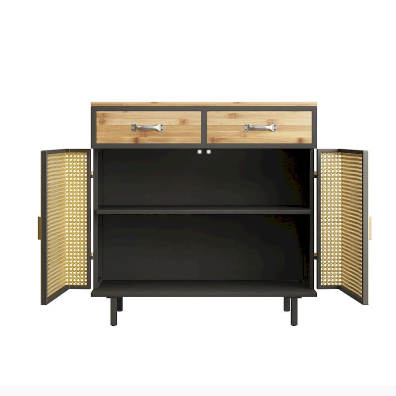 Gold / Dark Grey Bamboo & Iron Sideboard with 2 Drawers and Cabinet