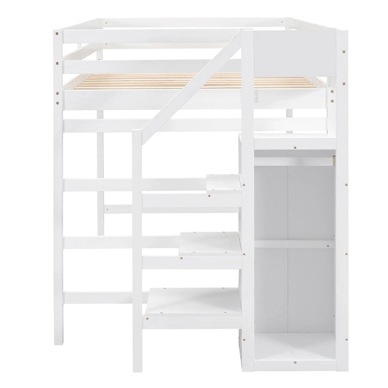 Grey/White Full Size Loft Bed with Storage Wardrobe & Staircase, Single