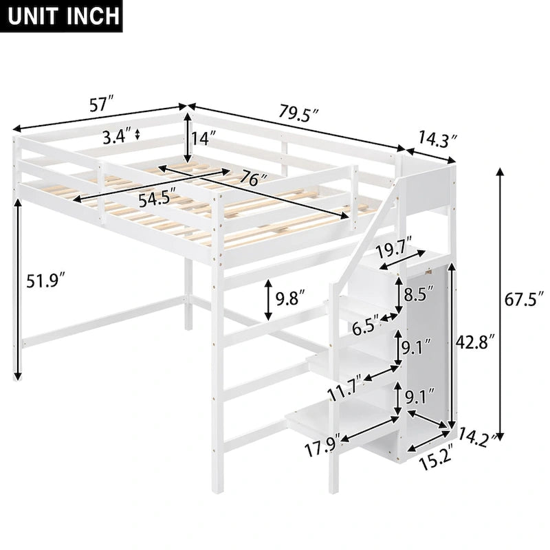 Grey/White Full Size Loft Bed with Storage Wardrobe & Staircase, Single