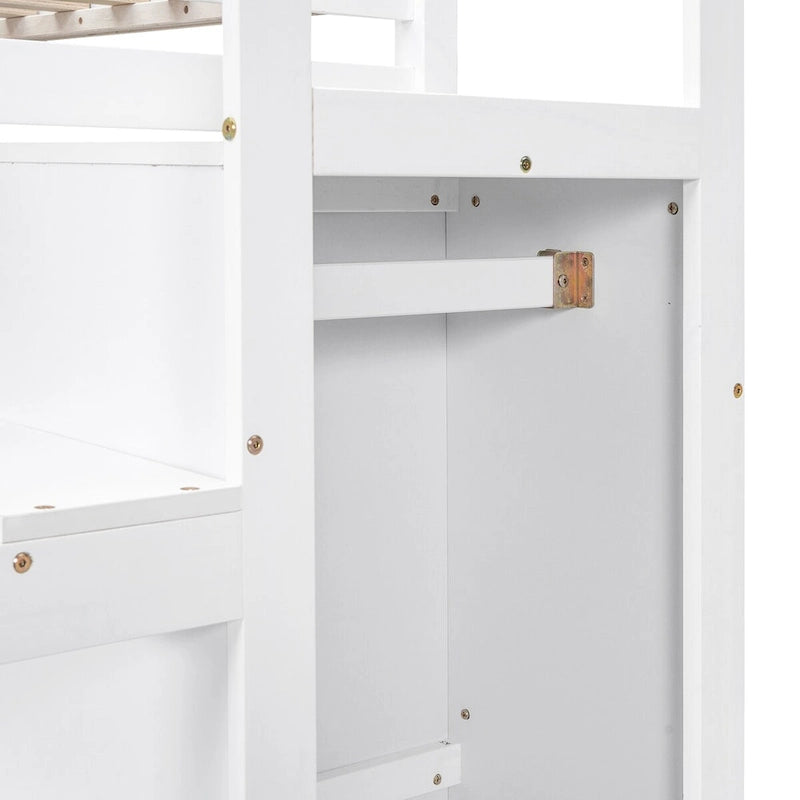 Grey/White Full Size Loft Bed with Storage Wardrobe & Staircase, Single