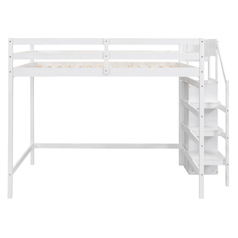 Grey/White Full Size Loft Bed with Storage Wardrobe & Staircase, Single