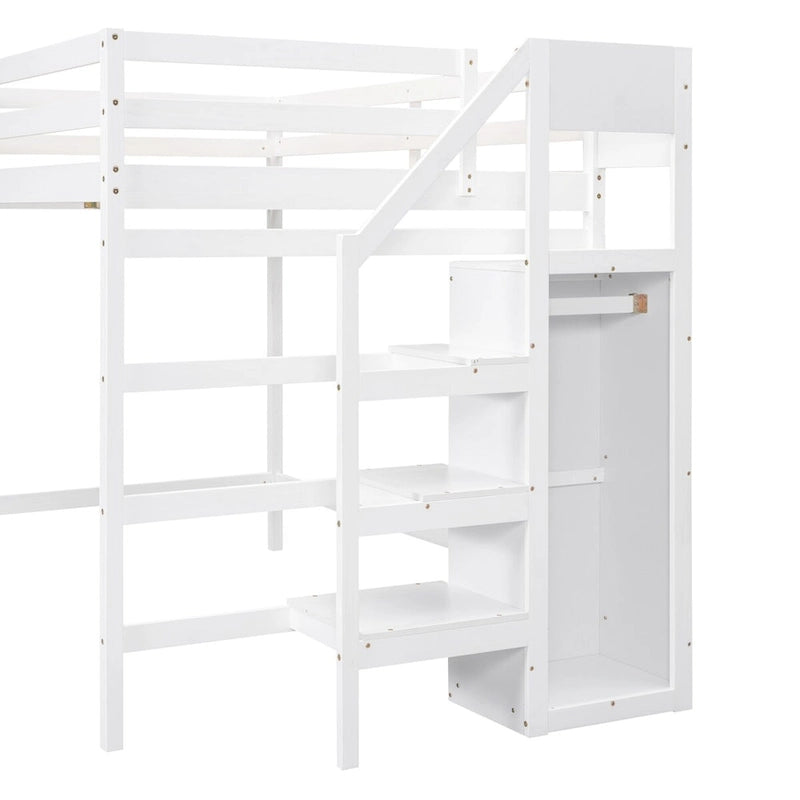 Grey/White Full Size Loft Bed with Storage Wardrobe & Staircase, Single