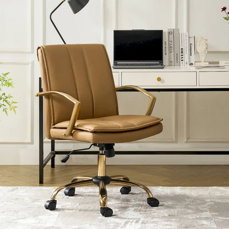 PU Leather Swivel Rocking Office Chair with Gold Metal Base, 1-Person (Grey/Camel/Ivory)