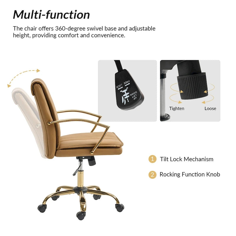 PU Leather Swivel Rocking Office Chair with Gold Metal Base, 1-Person (Grey/Camel/Ivory)