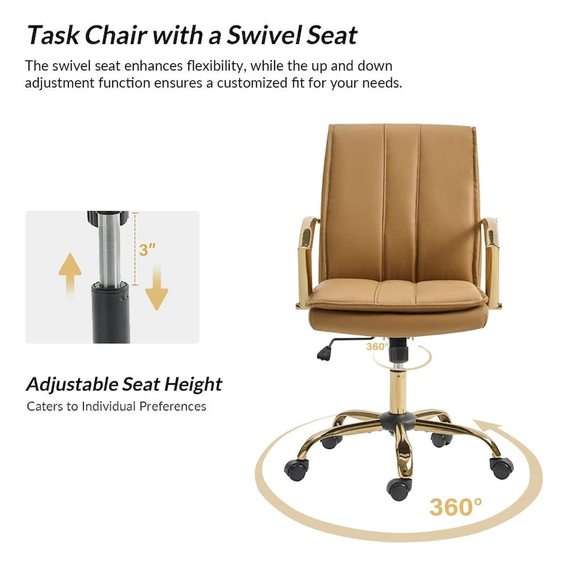 PU Leather Swivel Rocking Office Chair with Gold Metal Base, 1-Person (Grey/Camel/Ivory)