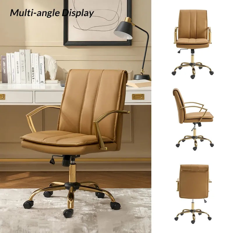 PU Leather Swivel Rocking Office Chair with Gold Metal Base, 1-Person (Grey/Camel/Ivory)