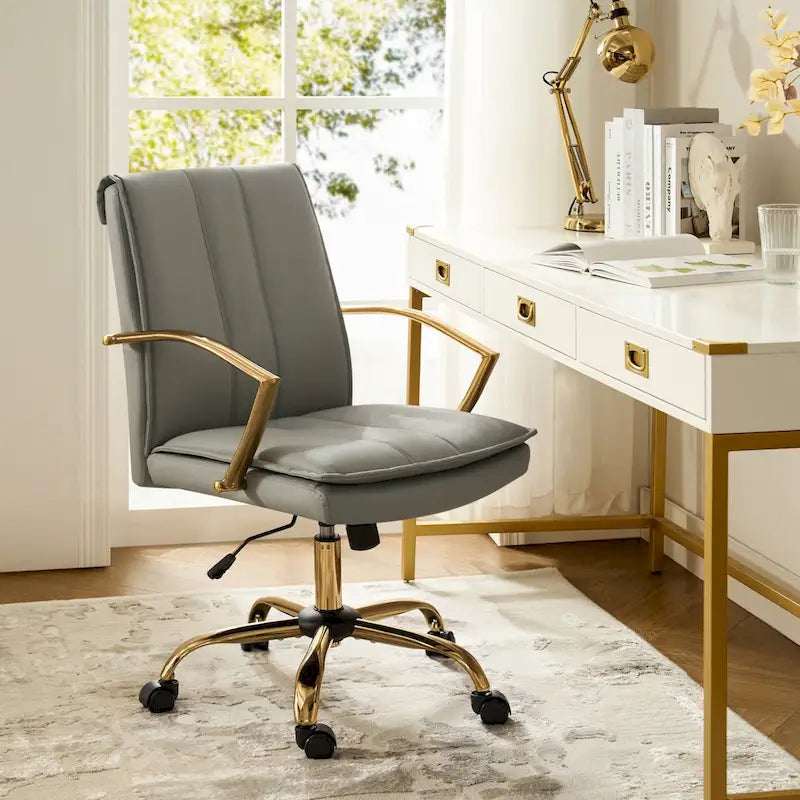 PU Leather Swivel Rocking Office Chair with Gold Metal Base, 1-Person (Grey/Camel/Ivory)