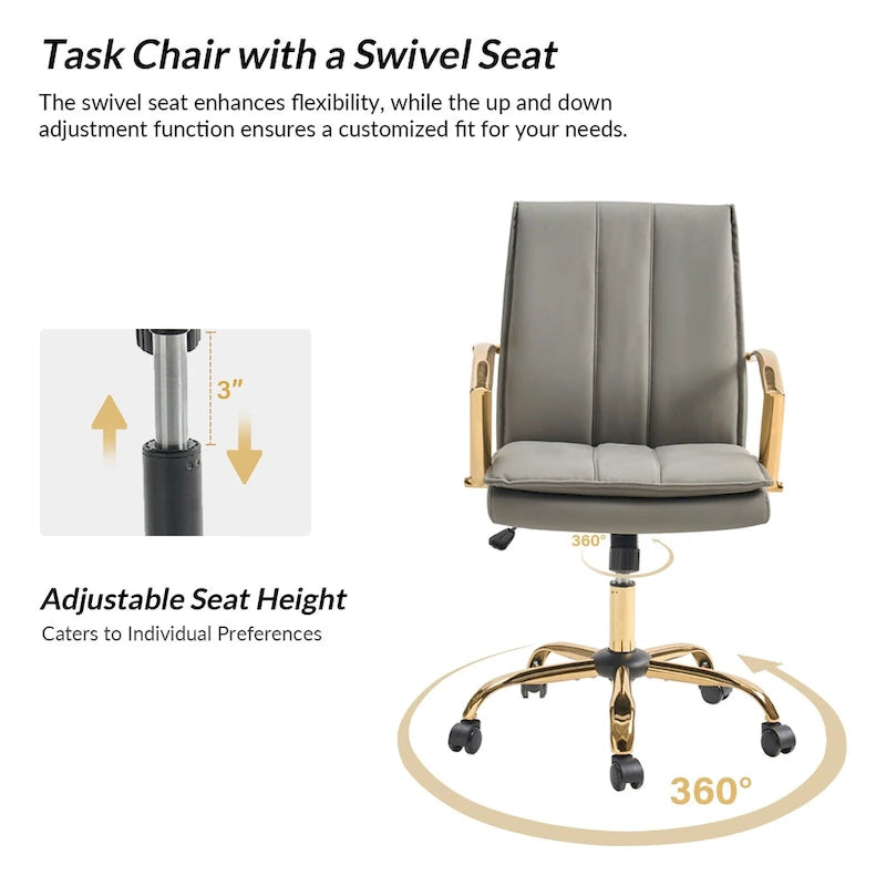 PU Leather Swivel Rocking Office Chair with Gold Metal Base, 1-Person (Grey/Camel/Ivory)