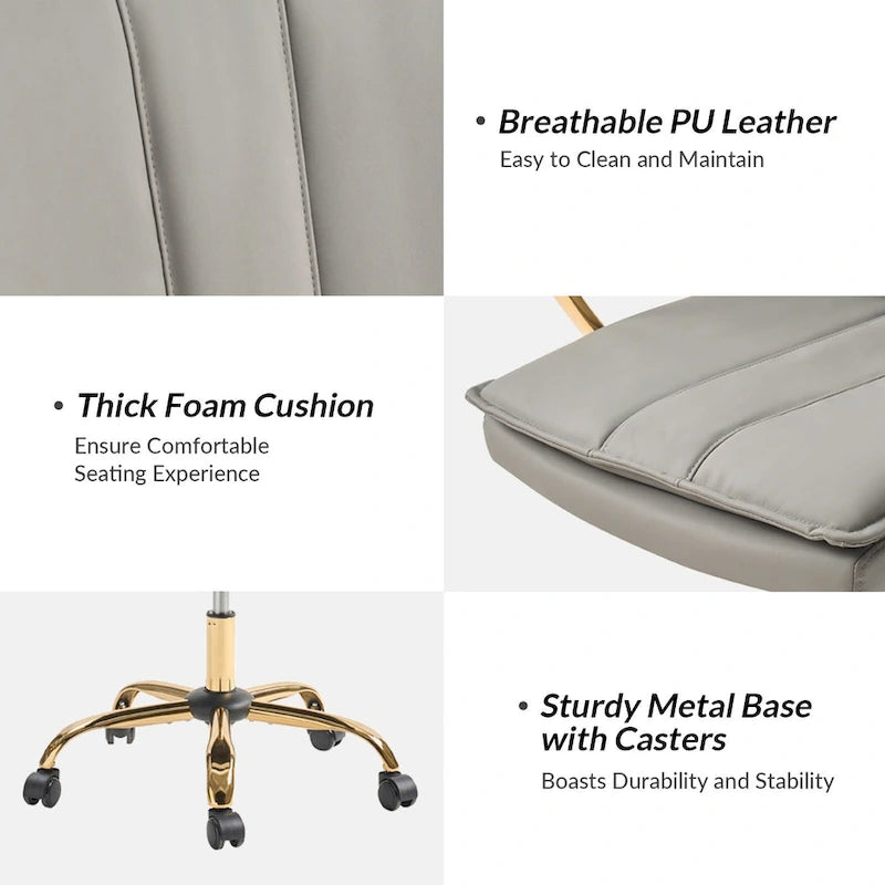 PU Leather Swivel Rocking Office Chair with Gold Metal Base, 1-Person (Grey/Camel/Ivory)