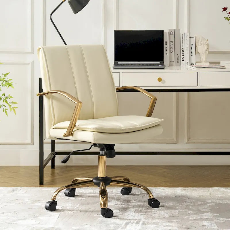 PU Leather Swivel Rocking Office Chair with Gold Metal Base, 1-Person (Grey/Camel/Ivory)