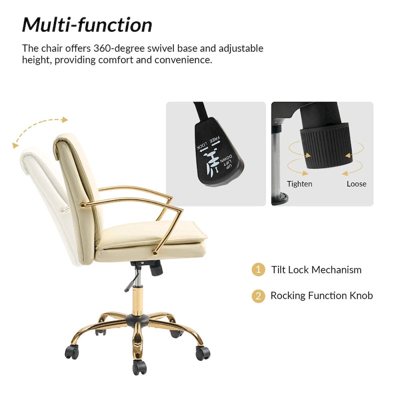 PU Leather Swivel Rocking Office Chair with Gold Metal Base, 1-Person (Grey/Camel/Ivory)
