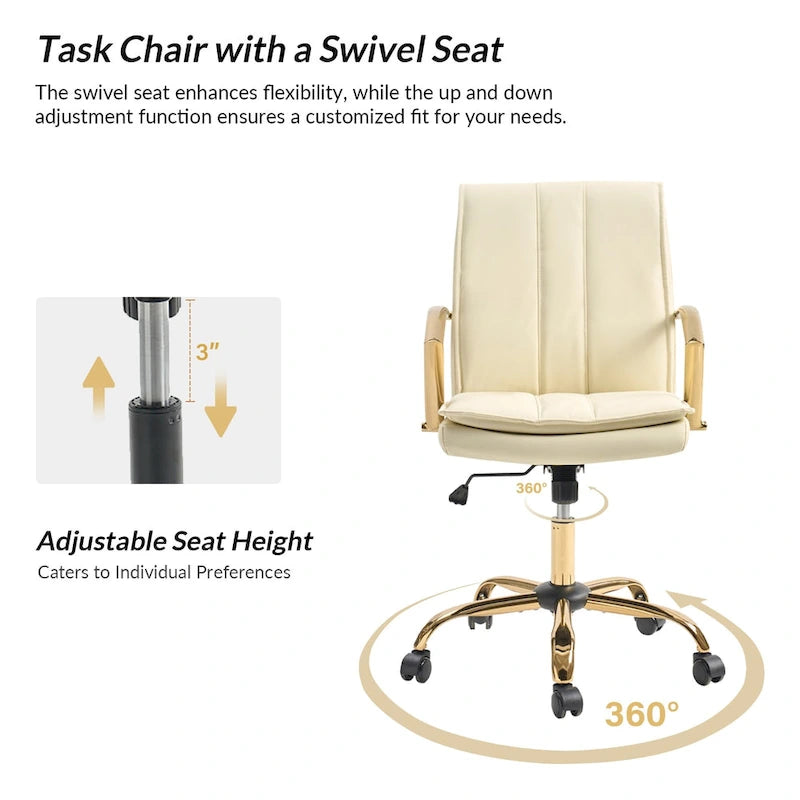 PU Leather Swivel Rocking Office Chair with Gold Metal Base, 1-Person (Grey/Camel/Ivory)