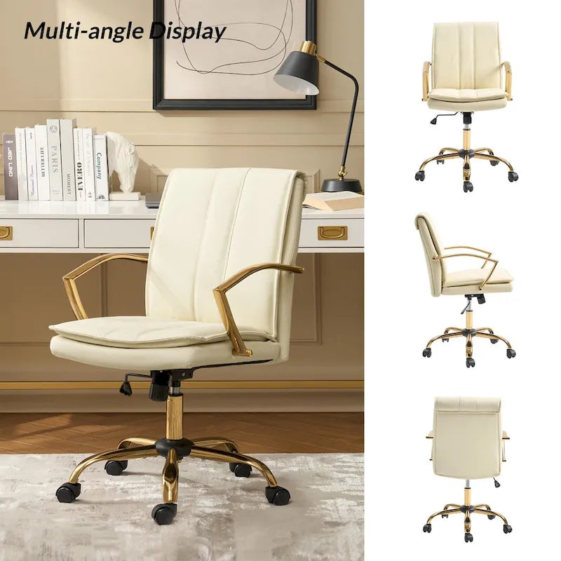PU Leather Swivel Rocking Office Chair with Gold Metal Base, 1-Person (Grey/Camel/Ivory)