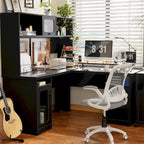 L-Shaped Corner Desk with Hutch & File Cabinet, 1-Person (Black / Red Oak / White / Rustic Brown / Grey Oak)