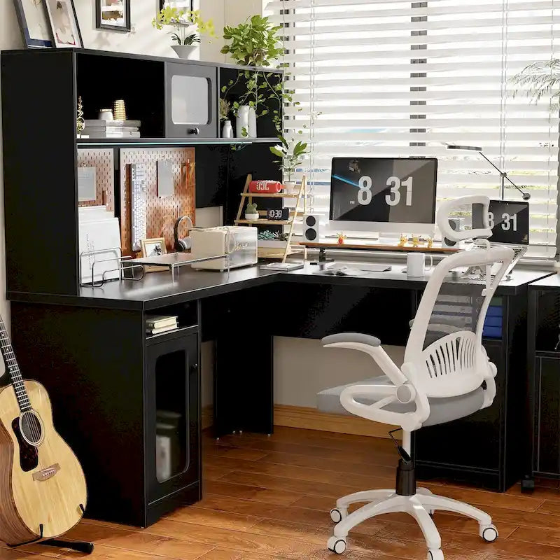 L-Shaped Corner Desk with Hutch & File Cabinet, 1-Person (Black / Red Oak / White / Rustic Brown / Grey Oak)