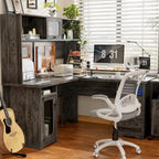 L-Shaped Corner Desk with Hutch & File Cabinet, 1-Person (Black / Red Oak / White / Rustic Brown / Grey Oak)
