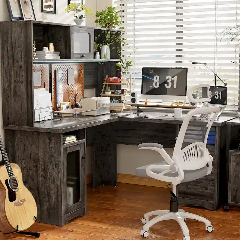 L-Shaped Corner Desk with Hutch & File Cabinet, 1-Person (Black / Red Oak / White / Rustic Brown / Grey Oak)