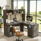 L-Shaped Corner Desk with Hutch & File Cabinet, 1-Person (Black / Red Oak / White / Rustic Brown / Grey Oak)