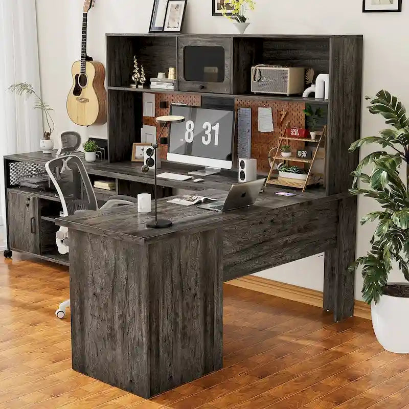 L-Shaped Corner Desk with Hutch & File Cabinet, 1-Person (Black / Red Oak / White / Rustic Brown / Grey Oak)